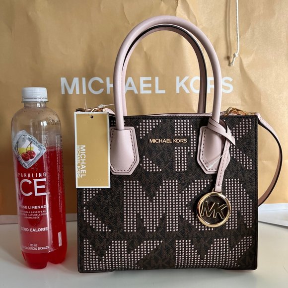 MICHAEL KORS Mercer Medium Pebbled Leather Crossbody Bag Brown/Pink Perforated - Picture 16 of 16